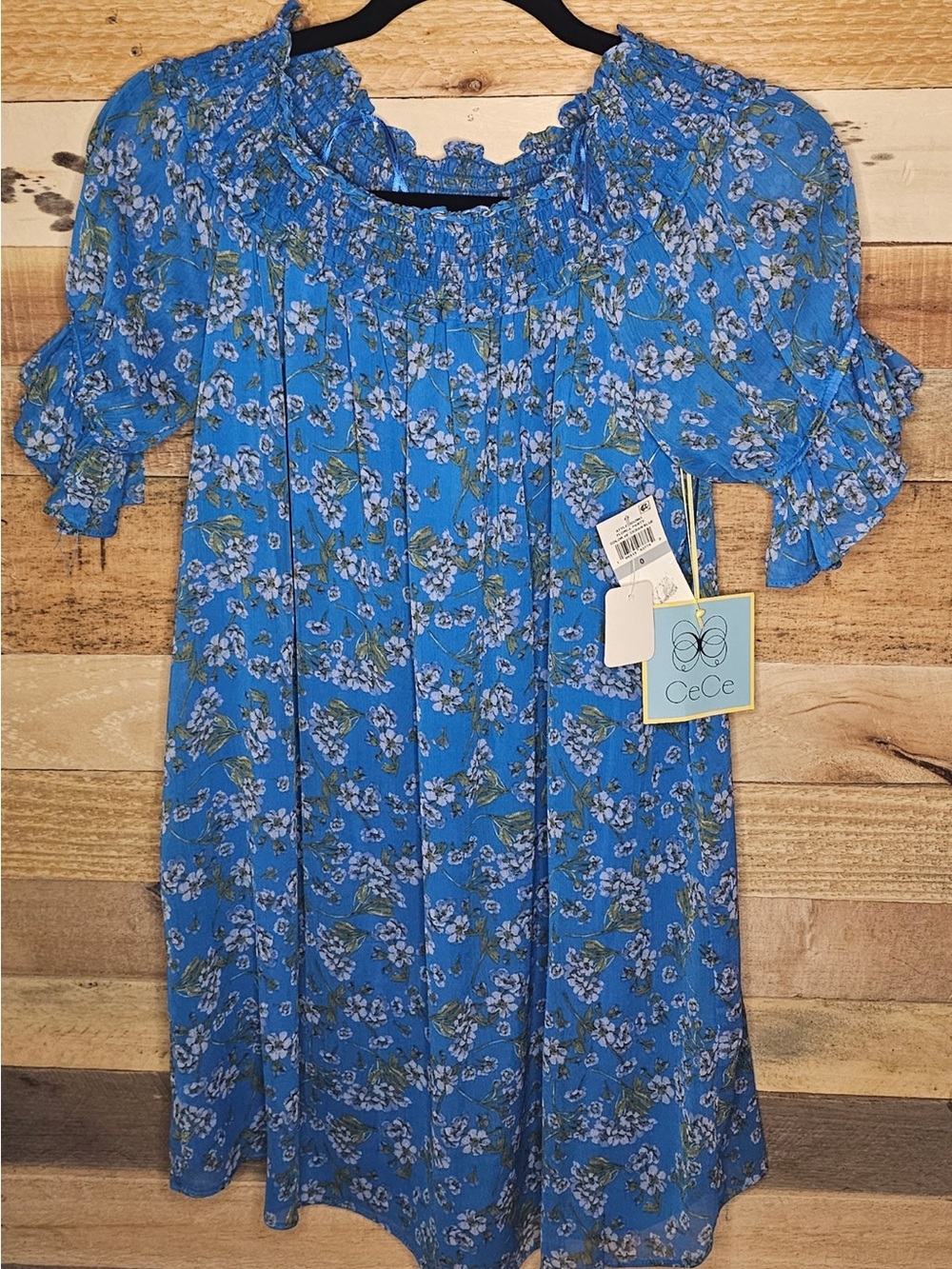 CeCe Blue Floral Smocked Neck Dress